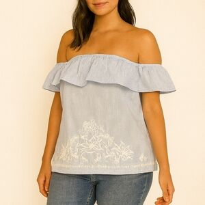 Blue and White Embroidered Sleeveless Top